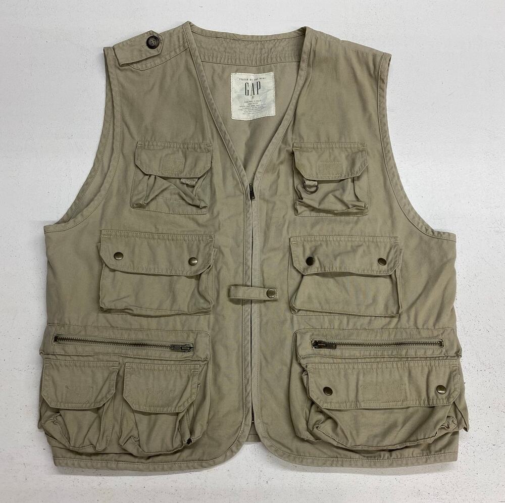 VTG Y2K Men Gap cargo utility zip-up cotton canvas khaki fishing vest, M
